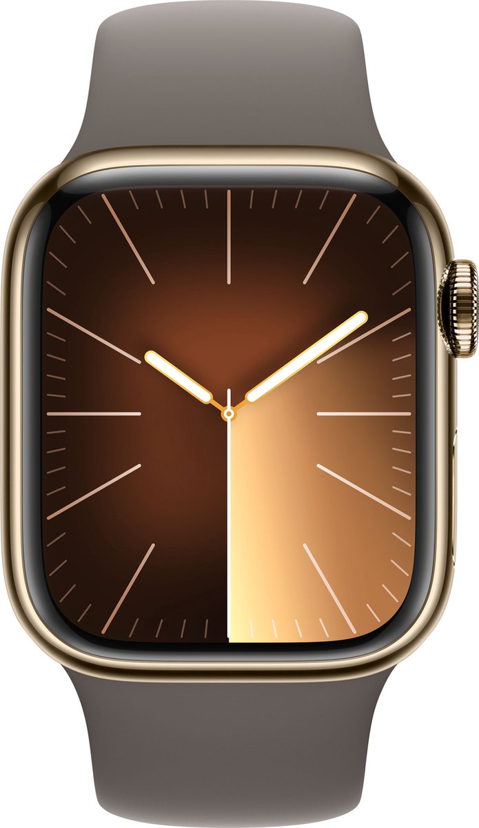 APPLE Watch Series 9 Cellular 41 mm Goud Roestvrijstalen Case/Klei Sport Band - S/M