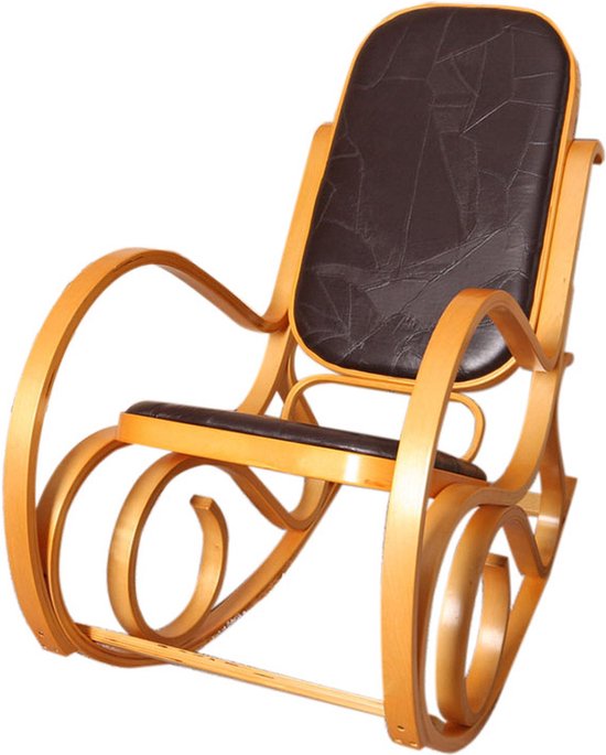 Schommelstoel M41, draaifauteuil TV-fauteuil, massief hout ~ eiken look, bruin patchwork leer