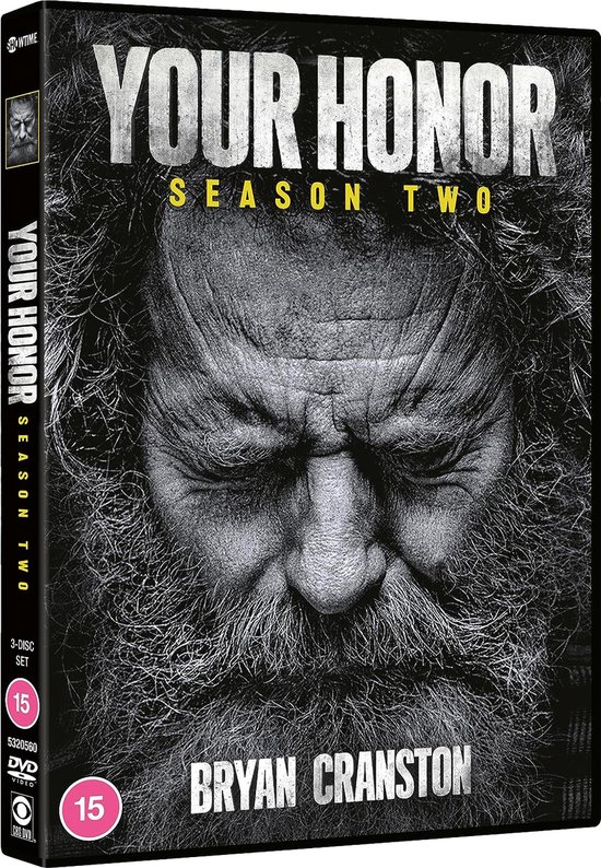 DVD-hoes van 'Your Honor Seizoen Twee' met een close-up van Bryan Cranston en tekst. Zijkant toont de titel.