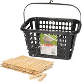 Épingles à linge suspendu pour pinces à linge avec crochet - noir - rempli de 120x pinces à linge en bois 7 cm - linge suspendu