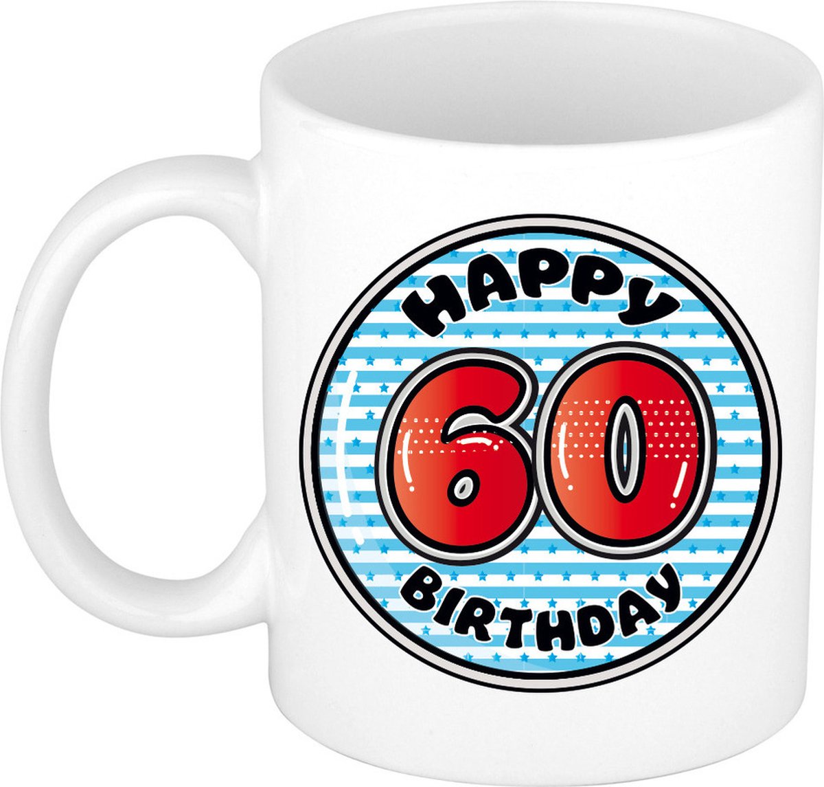 Bellatio Decorations Verjaardag cadeau mok - 60 jaar - blauw - gestreept - 300 ml - keramiek