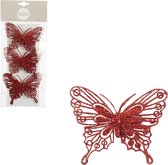 House of Seasons decoratie vlinders op clip - 3x stuks - rood - 10 cm