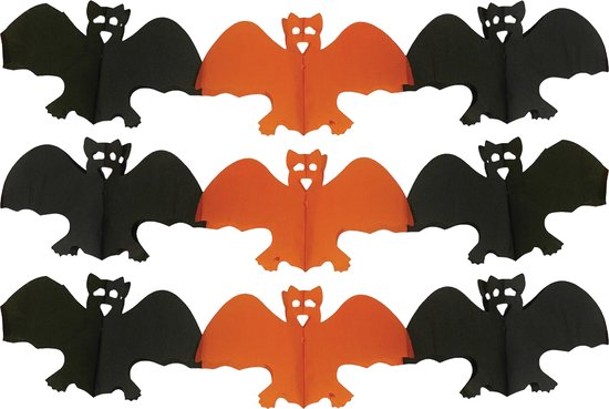 Halloween feestslinger vleermuizen - 2x - 3 meter - oranje/zwart - van papier