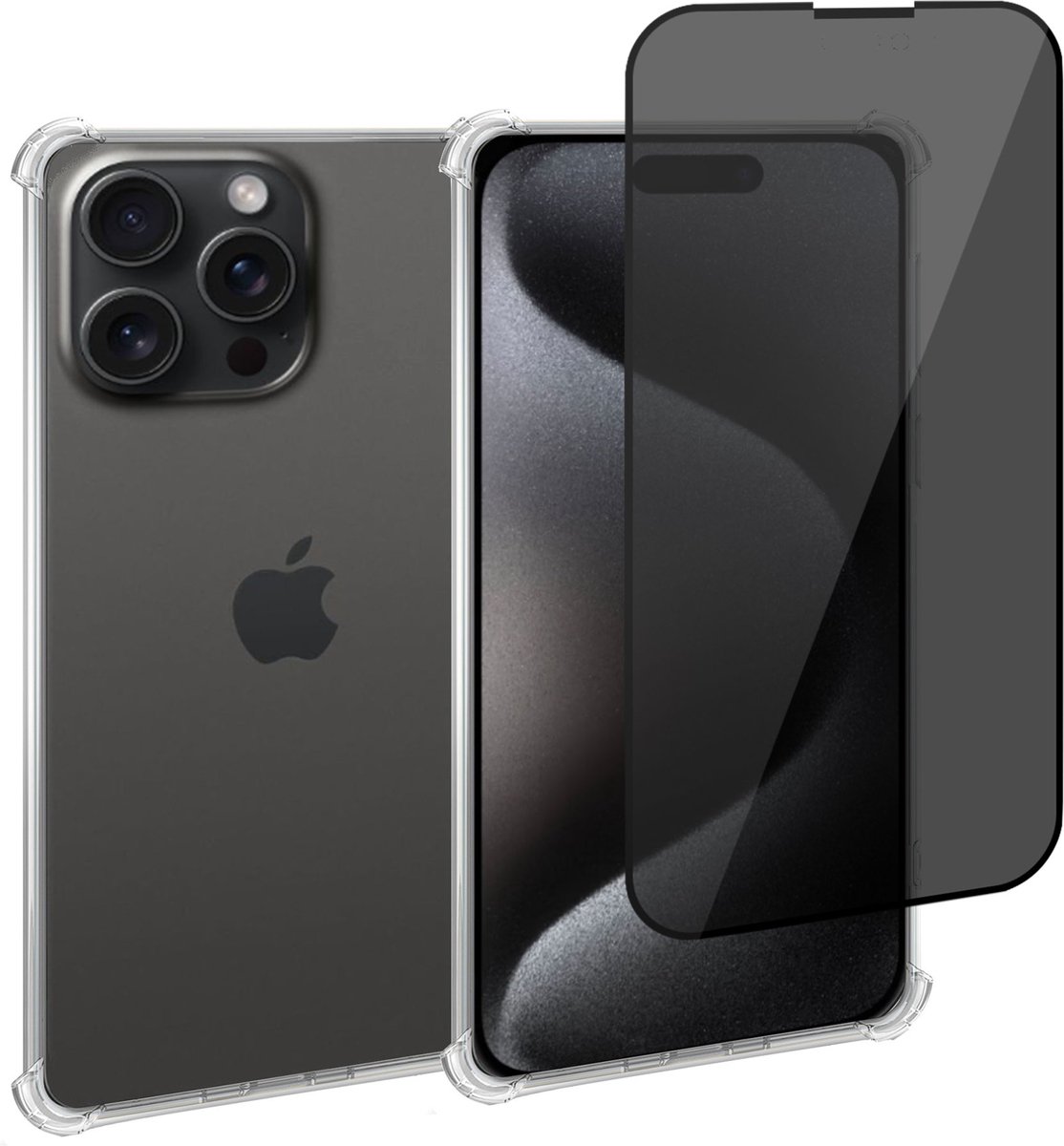 Geschikt voor iPhone 15 Hoesje + Privacy Screenprotector – Privé - Gehard Glas Cover
