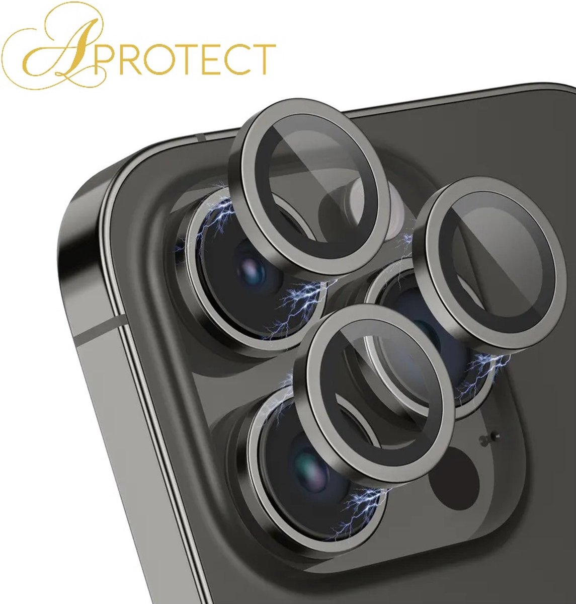 APROTECT® - Camera lens protector geschikt voor iPhone 15 Pro / 15 Pro Max- Set van 3 - Zwart - Tempered glass - Glasplaatje - bescherming