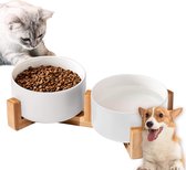 Kattenvoerbak en hondenbak met bamboestandaard, keramiek/kattenkeramiek, modern gewogen voerwater, voederbak voor honden, geschikt voor katten en honden (400 ml, wit + wit)