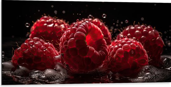 Dibond - Frambozen - Fruit - Rood - Water - Druppels - 100x50 cm Foto op Aluminium (Met Ophangsysteem)