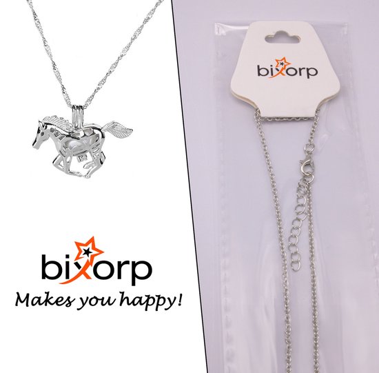 Bixorp Horse - Collier de couleur argent avec cheval ouvert avec perle - Joli collier de cheval avec de beaux détails en argent