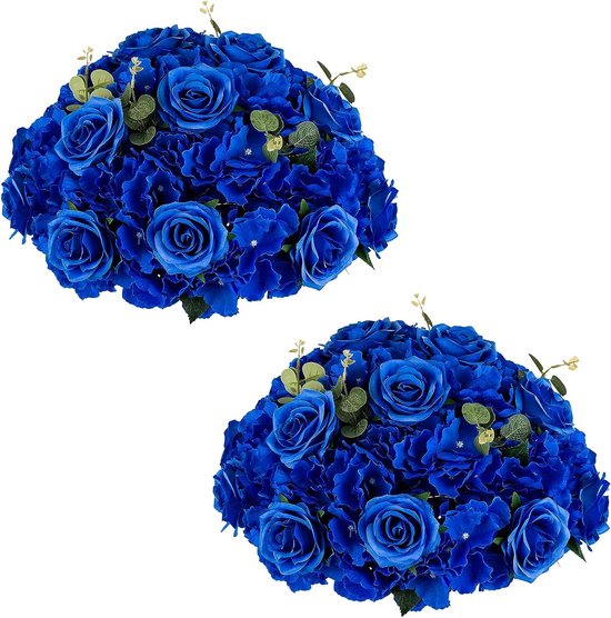 Kunstbloemen voor tafels, set van 2 grote kunstbloemen, rozenballen, 40 cm diameter, koningsblauwe zijde, kunstrozenarrangement, boeket voor bruiloft, middelpunt, tafeldecoratie