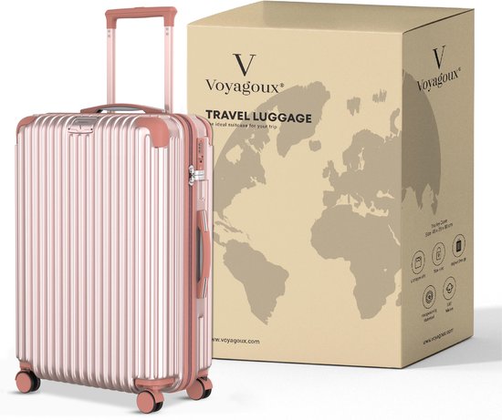Rose gouden Voyagoux reiskoffer met wereldkaart op de verpakking.