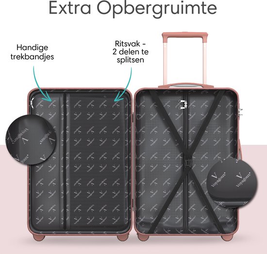 Open rosé gouden koffer, met interne bandjes en ritsvakken voor extra opbergruimte.