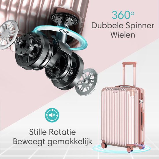 Rose gouden koffer met 360° dubbele spinner wielen voor stille rotatie en gemakkelijk bewegen.