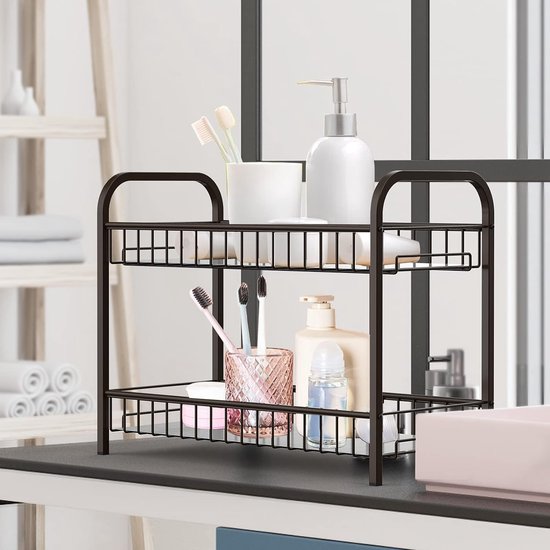 VIPNAJI 2-laags uitbreidbare magnetron plank organizer met 6 haken, flexibel uitschuifbaar van 37-61 cm, zwart