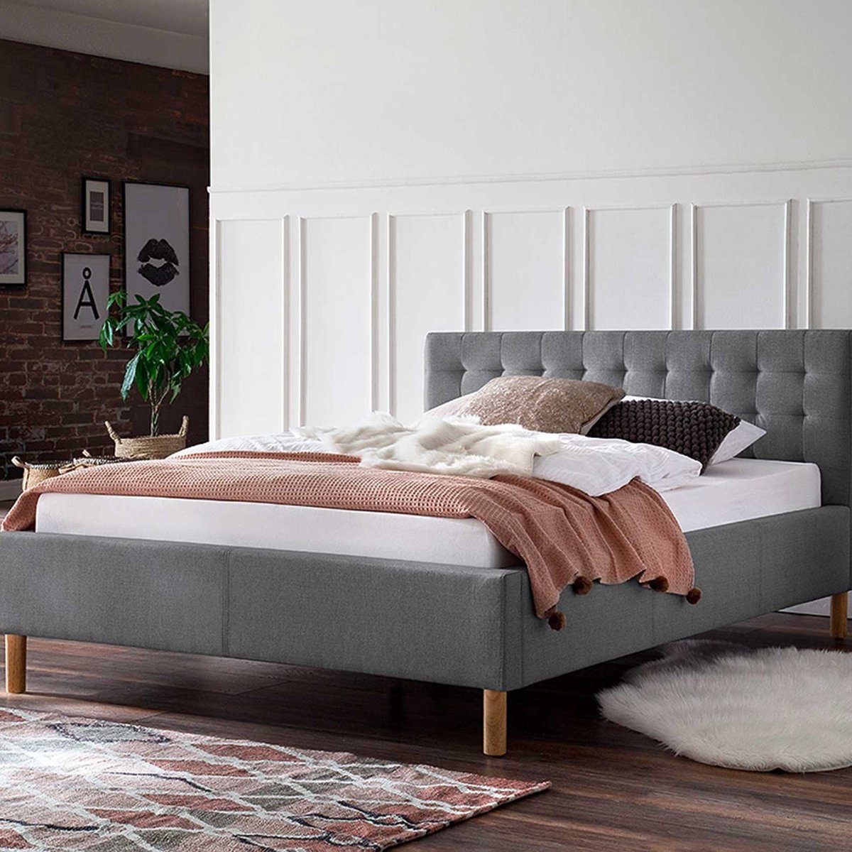 Bed Marilou 120x200 - Grijs - Meise - Eenpersoons Gestoffeerd Bed - Grijs - Polyester Twijfelaar (120 Cm Breed) Normaal Bed