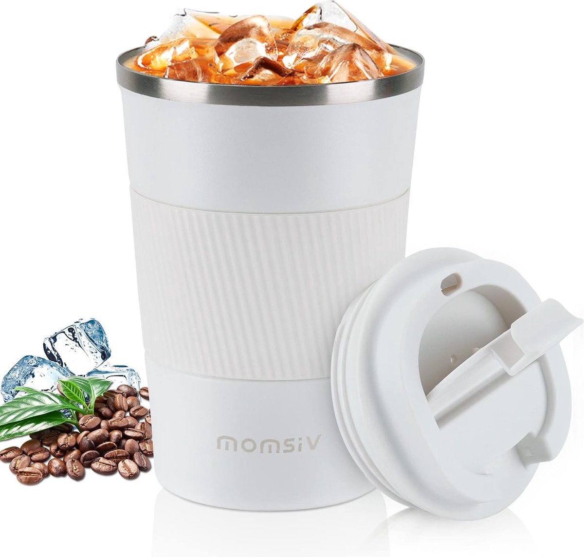 Thermosbeker, koffiebeker met lekvrij deksel, thermobeker - isolatiebeker, roestvrij stalen reismok, koffiebeker om mee te nemen voor warm en koud water, koffie thee (380 ml, wit)
