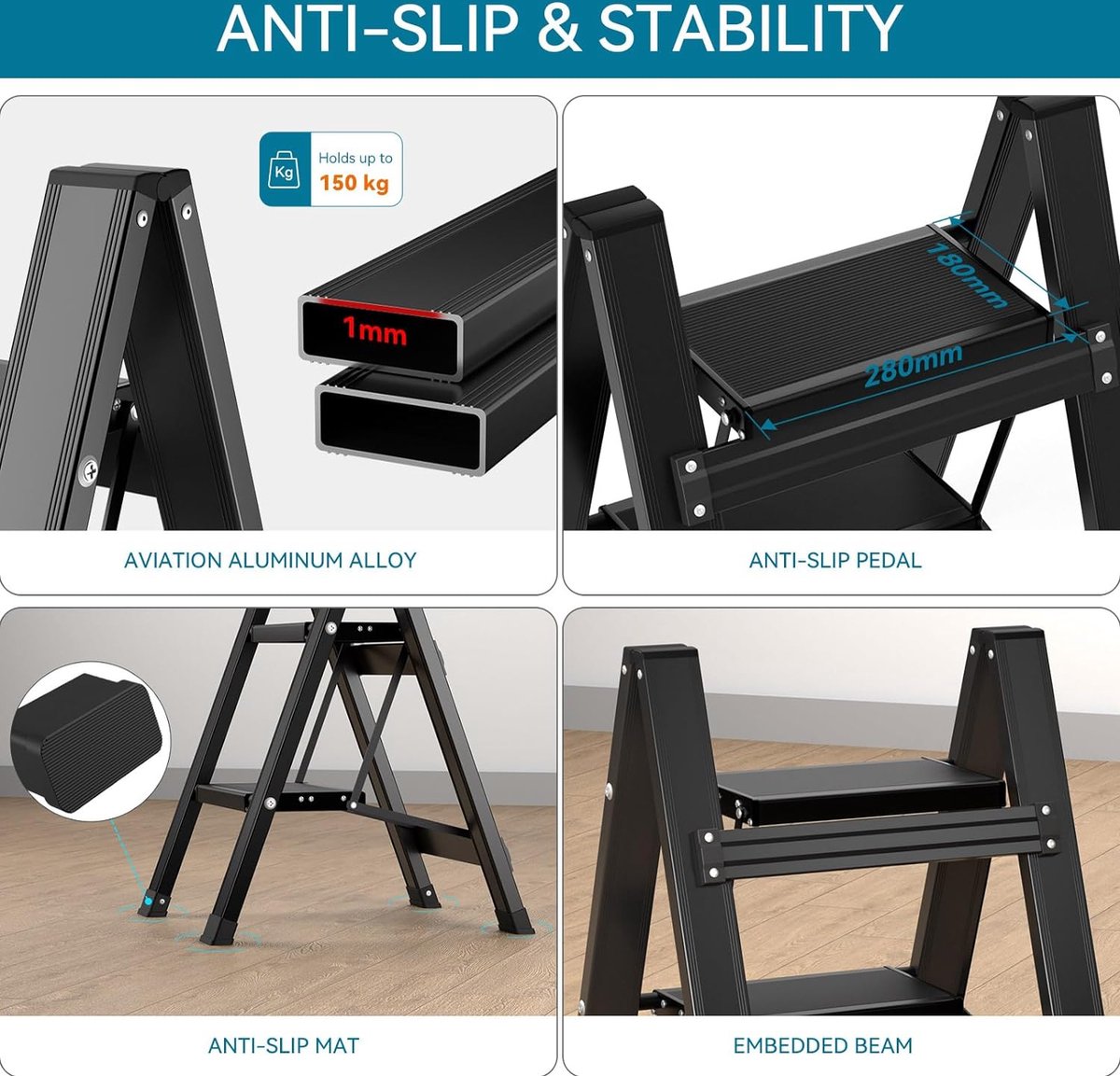 KINGRACK Trapladder 2 Treden, Draagbare Slanke Vouwtrap, Antislip Huishoudtrap met Klapbeveiliging, Aluminium Opstapkruk, Vouwladder met Leuning, Opstapje Opvouwbaar, Belastbaar tot 150 kg, Zilver