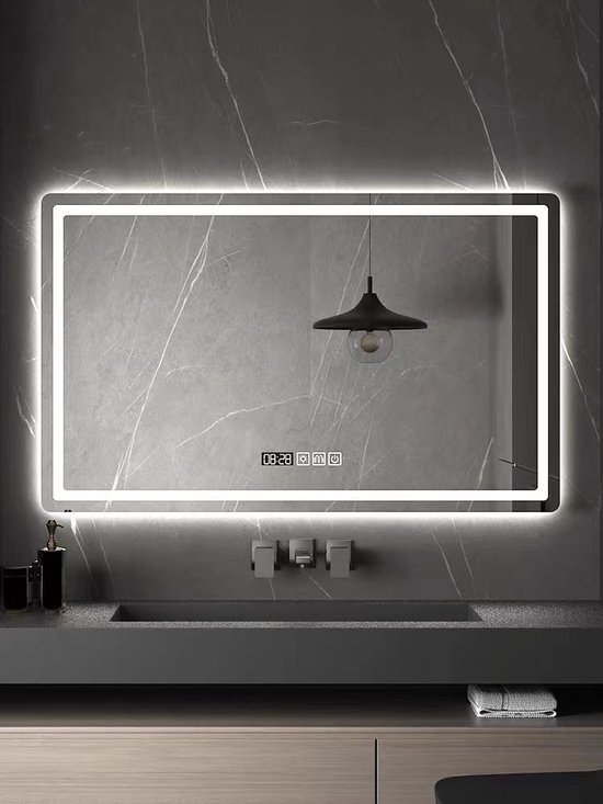 LUVODI Badkamerspiegel Met Verlichting 100x70cm - Bluetooth, Klok, Ontmisting & 3 Lichtkleuren