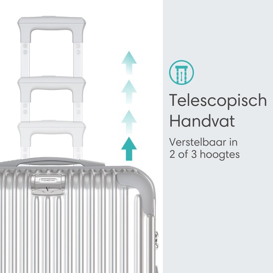 Zilveren koffer met telescopisch handvat, verstelbaar in 2 of 3 hoogtes.