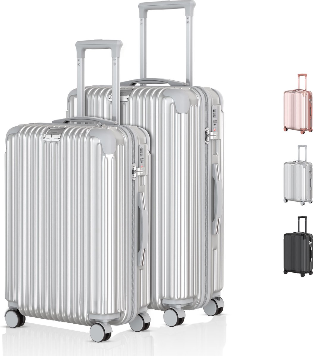 Voyagoux® - Reiskoffer set M/L - Koffers - 2 delig - Reiskoffer met wielen - Zilver - TSA Slot