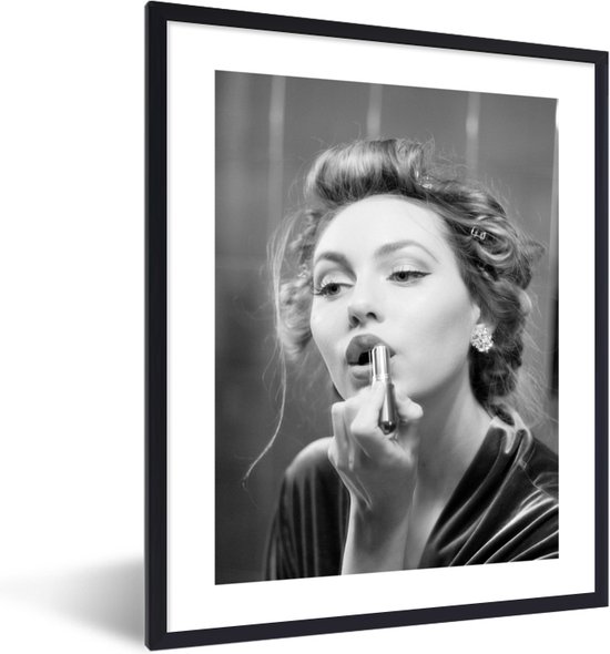 Fotolijst inclusief poster 60x80 cm - Vrouw portret make up - Foto in lijst zwart wit - Muurdecoratie slaapkamer vintage - Houten lijsten fotohouder - Posters in kaders - Wissellijst bed decoratie - Fotokaders - Photo frame