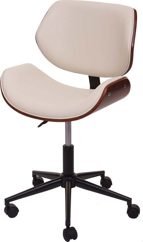 Bureaustoel MCW-G25, draaistoel bureaustoel, gebogen notenhout look retro draaibaar in hoogte verstelbaar ~ crème