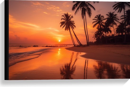 Canvas - Palmbomen - Bomen - Zee - Strand - Zand - Zon - Zonsondergang - 60x40 cm Foto op Canvas Schilderij (Wanddecoratie op Canvas)