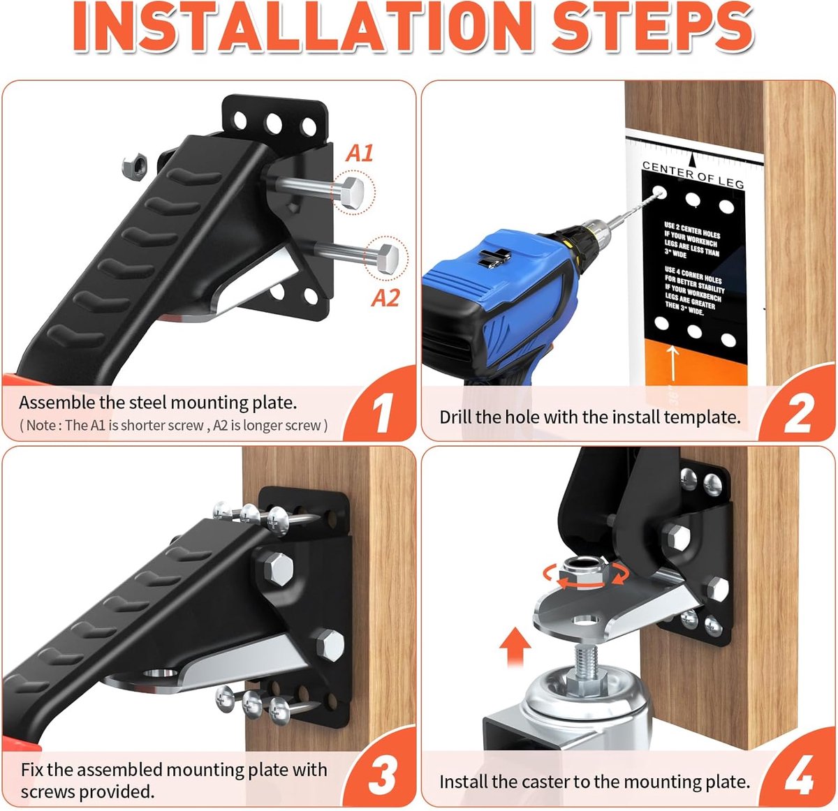 SOLEJAZZ Kit de roulettes d'établi, capacité de 400 kg, roulette d