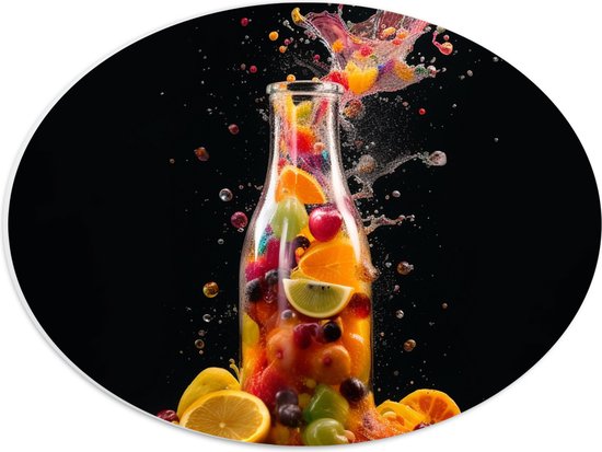 PVC Schuimplaat Ovaal - Fles - Eten - Fruit - Spetters - Kleuren - 40x30 cm Foto op Ovaal (Met Ophangsysteem)