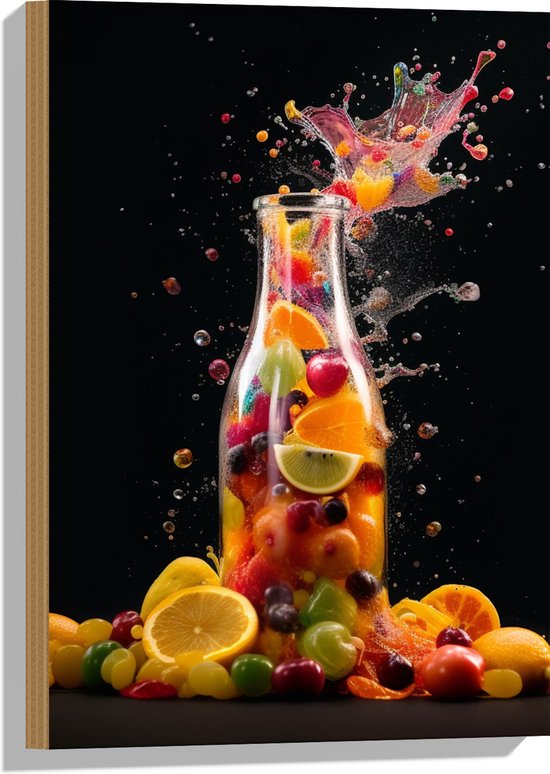 Hout - Fles - Eten - Fruit - Spetters - Kleuren - 40x60 cm - 9 mm dik - Foto op Hout (Met Ophangsysteem)