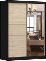 Zweefdeurkast Kledingkast met Spiegel,decoratieve afwerking aan de voorkant, Garderobekast met planken en kledingstang: 150x200x61 cm - Beni 05 Classic (Zwart + Sonoma, 150)