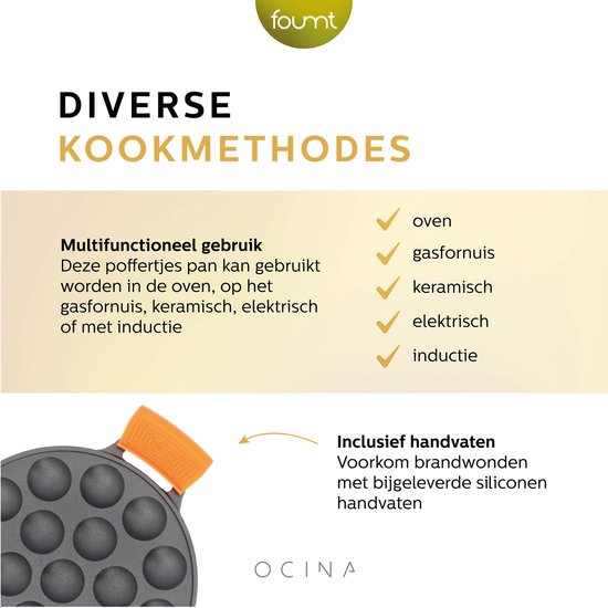 Ocina Poffertjespan Set 19 Poffertjes - Poffertjesmaker Inductie - Poffertjesplaat - Incl. Doseerfles - 6 Vorkjes en Hitte Bestendige Wanten - Gietijzeren Pan - Gratis receptenboek