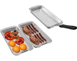 Grillmandset, barbecue accessoires, 3 stuks met handgreep, grillpan, roestvrij staal, groenteschaal, voor groenten en cabob, praktische grillmanden voor gasbarbecue, 3 serveerlades