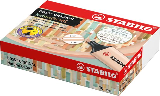 Doos met 10 STABILO BOSS ORIGINAL NatureColors stiften, met afbeeldingen van de kleuren.