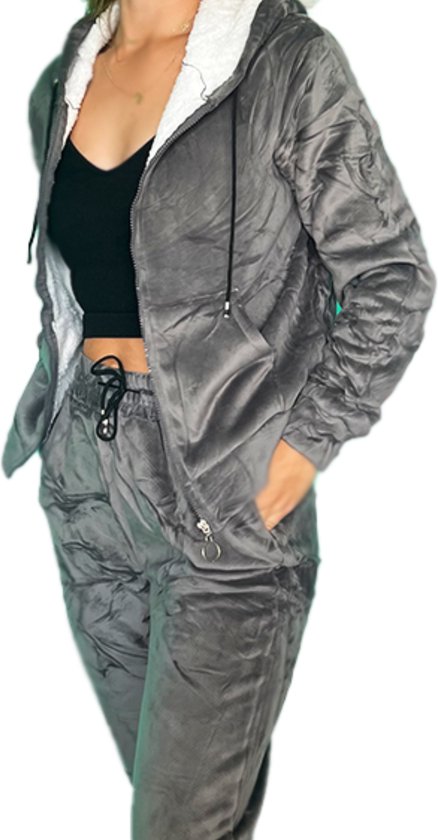 Grijs - Huispak - Fleece - Maat 36-38 - Dames - Joggingpak - Gewatteerd - Fleece vest & Fleece broek - Setje voor Volwassenen - Cadeau voor vrouw