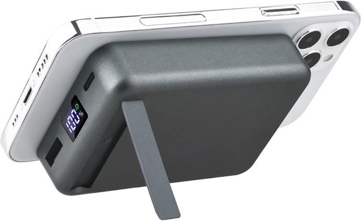 Magsafe Powerbank - 5000 MAH - Met standaard - Magsafe oplader - Draadloze oplader - Compact - Magnetisch & Draadloos – Voor iPhone 12 / 13 / 14 – Draadloze Oplader Batterij - Donker Grijs