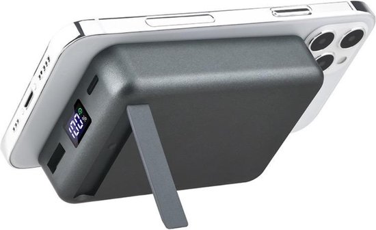 Magsafe Powerbank - 5000 MAH - Met standaard - Magsafe oplader - Draadloze oplader - Compact - Magnetisch & Draadloos – Voor iPhone 12 / 13 / 14 – Draadloze Oplader Batterij - Donker Grijs