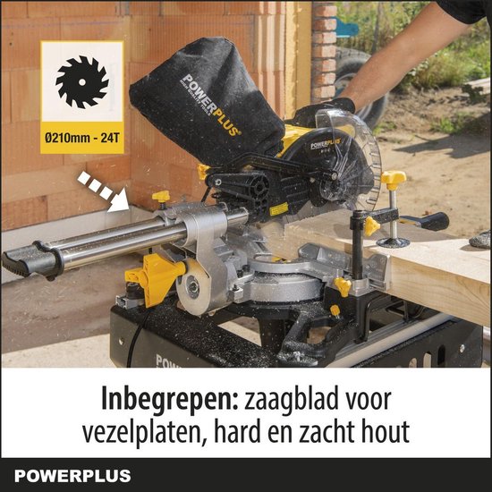 Powerplus elektrische verstekzaag POWX075710S - 1600W telescopische zaagmachine, Ø210mm - recht & verstek - laser - met 1 acc.
