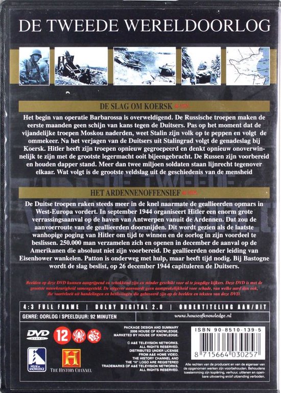 DVD-hoes met de titel 'De Tweede Wereldoorlog'. Bevat informatie over de slag om Koersk en het Ardennenoffensief.
