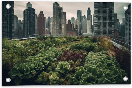 Tuinposter – Stad - Gebouwen - Planten - Groen - 60x40 cm Foto op Tuinposter (wanddecoratie voor buiten en binnen)