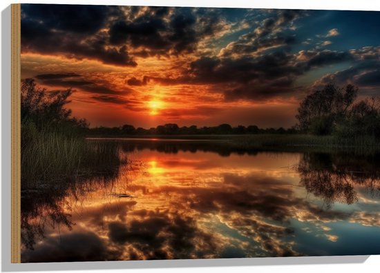 Hout - Water - Bomen - Zonsondergang - Kleuren - Wolken - 75x50 cm - 9 mm dik - Foto op Hout (Met Ophangsysteem)