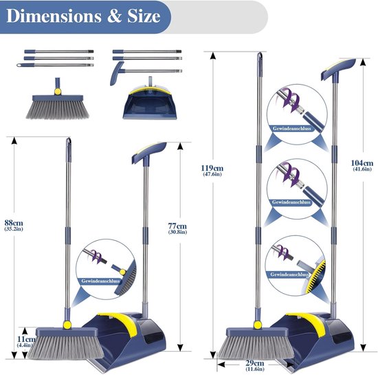 Bezem en veegschep set met lange steel, 118 cm, bezemset met veegschep