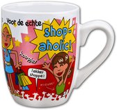 Mok - Drop - Voor de echte Shop- aholic - Cartoon - In cadeauverpakking met gekleurd krullint