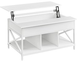 Salontafel, woonkamer tafel met vouwbak, met open opbergruimte en verborgen compartiment, X-vormige staven, 60 x 100 x (48-62) cm, sneeuwwit en witte LCT205W46