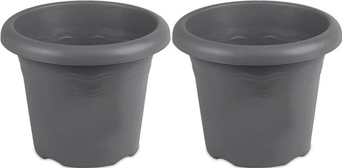 2x Grijze ronde plantenpotten/bloempotten Flori 14 cm kunststof - Onbreekbare plantenbakken/bloembakken - Tuin decoraties