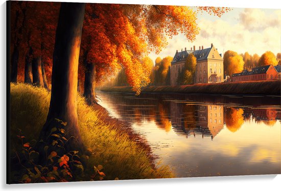 Canvas - Rivier - Gebouw - Water - Bomen - Herfst - 150x100 cm Foto op Canvas Schilderij (Wanddecoratie op Canvas)