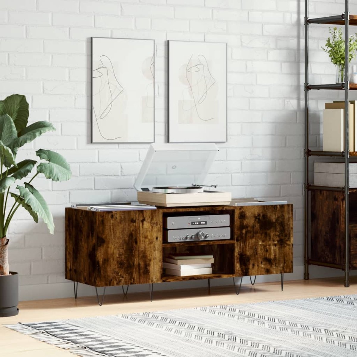 The Living Store Platenkast Gerookt Eiken - Vinylopbergsysteem 121x38x48 cm