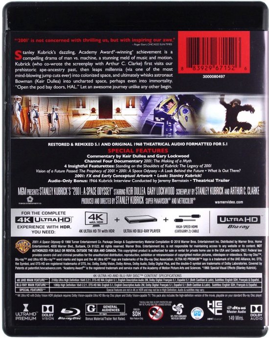 De achterkant van de Blu-Ray-uitgave van "2001: A Space Odyssey", met beschrijvingen, afbeeldingen en technische specificaties.