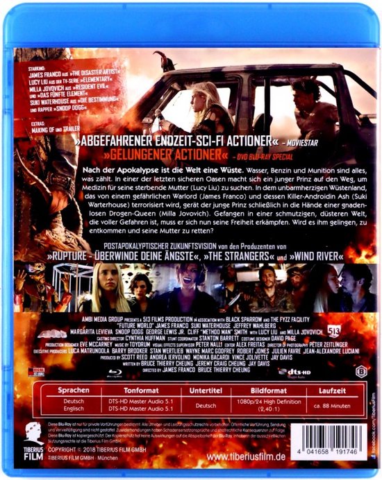 Achterkant Blu-ray hoes van Future World met cast en crew vermeldingen en beschrijving van de film.
