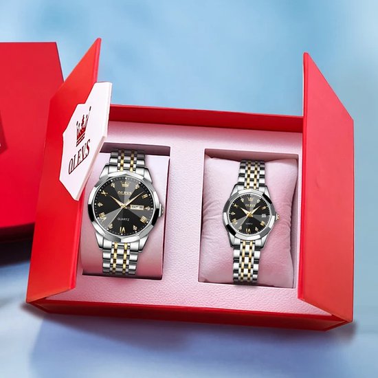 Olevs - Ensemble de montres pour hommes et femmes - Bracelet en cuir - Montre-bracelet - Homme - Femme - Cadeau - Montre - Coffret cadeau - Homme - or noir - Outils de montre (GRATUIT) -