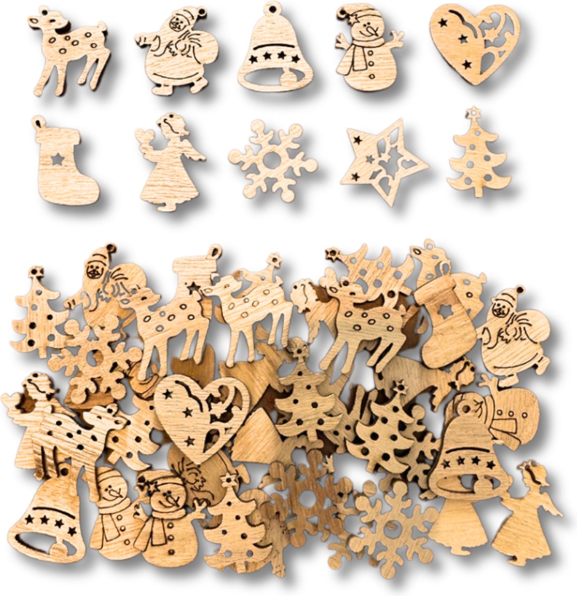 50x Houten Kerst ornamenten 3CM - Kerstdecoratie voor Kerstkaarten, Kerstboom, Kerststukjes, Scrapbooking etc